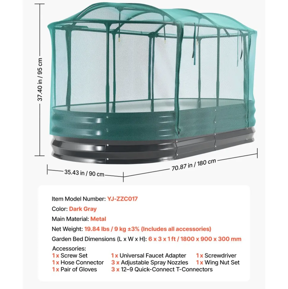 VEVOR Galvanized Raised Garden Bed, 6 x 3 x 1 ft, with Self Watering System and Mesh Cover, Oval Metal Planter Box Kit Outdoor, Rustproof Alu-Zinc, for Planting Flowers Fruits Vegetables, Dark Gray