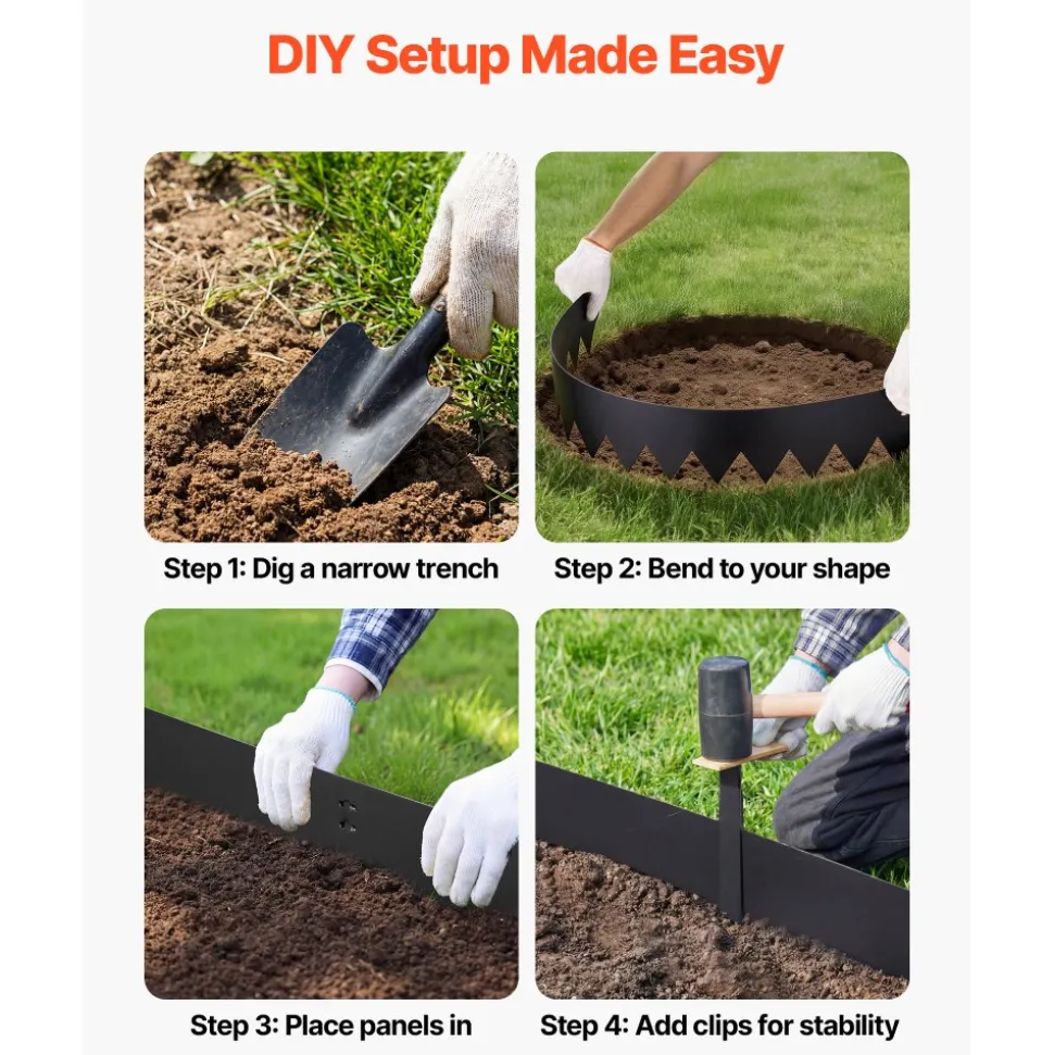 VEVOR Galvanized Steel Landscape Edging, 6-Pack 40 x 8 Inch Metal Edging for Landscaping with 6 Mounting Clips, Bendable Metal Garden Edge Border for Flower Bed, Yard Pathway, Black