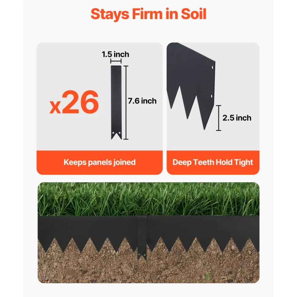 VEVOR Galvanized Steel Landscape Edging, 24-Pack 40 x 6 Inch Metal Edging for Landscaping with 26 Mounting Clips, Heavy Duty Metal Garden Edge Border for Flower Bed, Yard Pathway, Black