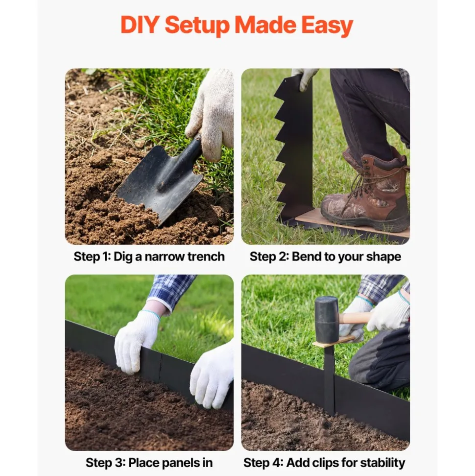 VEVOR Galvanized Steel Landscape Edging, 24-Pack 40 x 6 Inch Metal Edging for Landscaping with 26 Mounting Clips, Heavy Duty Metal Garden Edge Border for Flower Bed, Yard Pathway, Black