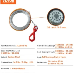 VEVOR Galvanized Steel Winch Cable, 3/8 Inch x 50 Feet 15,200 lbs Breaking Strength, Wire Winch Rope with Swivel Hook, Towing Cable Heavy Duty, Universal Fit for SUV, Large Off-Road Vehicle, Truck