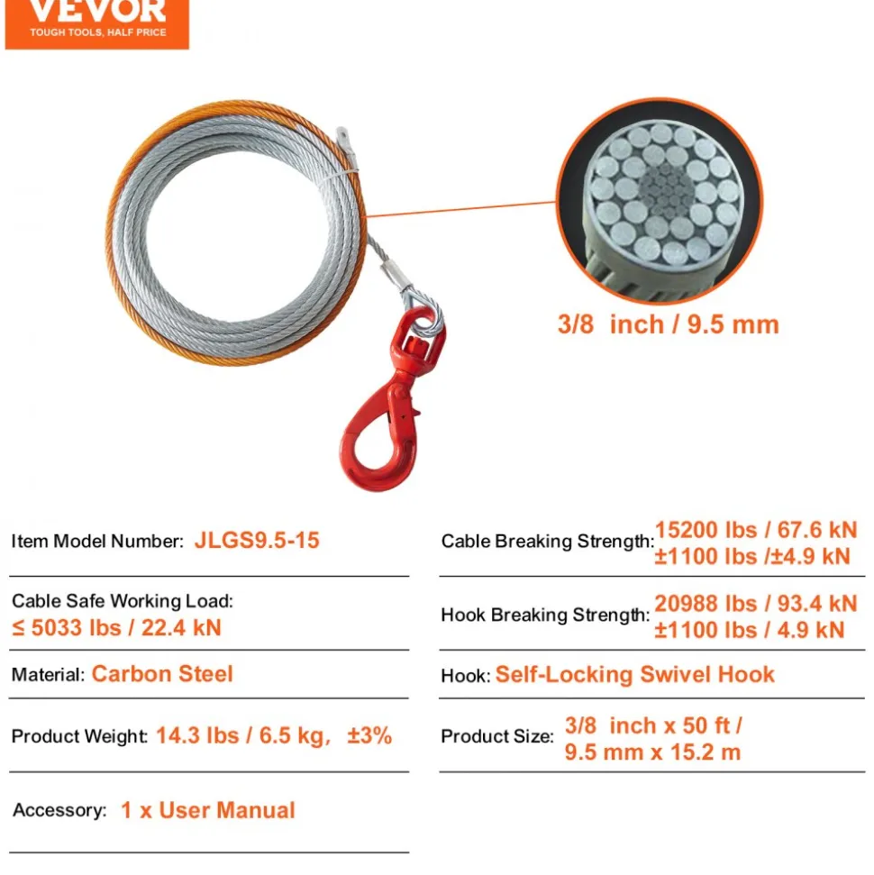 VEVOR Galvanized Steel Winch Cable, 3/8 Inch x 50 Feet 15,200 lbs Breaking Strength, Wire Winch Rope with Swivel Hook, Towing Cable Heavy Duty, Universal Fit for SUV, Large Off-Road Vehicle, Truck
