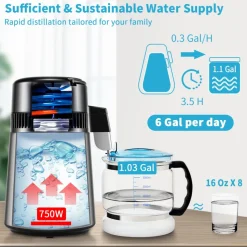 VEVOR 1.1Gal Water Distiller, 0.3Gal/H, 750W Distilled Water Maker Machine 0-99H Timing Dual Temp Display, 304 Stainless Steel Countertop Distiller Glass Carafe Cleaning Powder 3 Carbon Packs, Silver