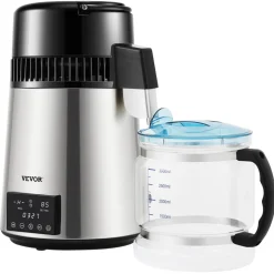 VEVOR 1.1Gal Water Distiller, 0.3Gal/H, 750W Distilled Water Maker Machine 0-99H Timing Dual Temp Display, 304 Stainless Steel Countertop Distiller Glass Carafe Cleaning Powder 3 Carbon Packs, Silver