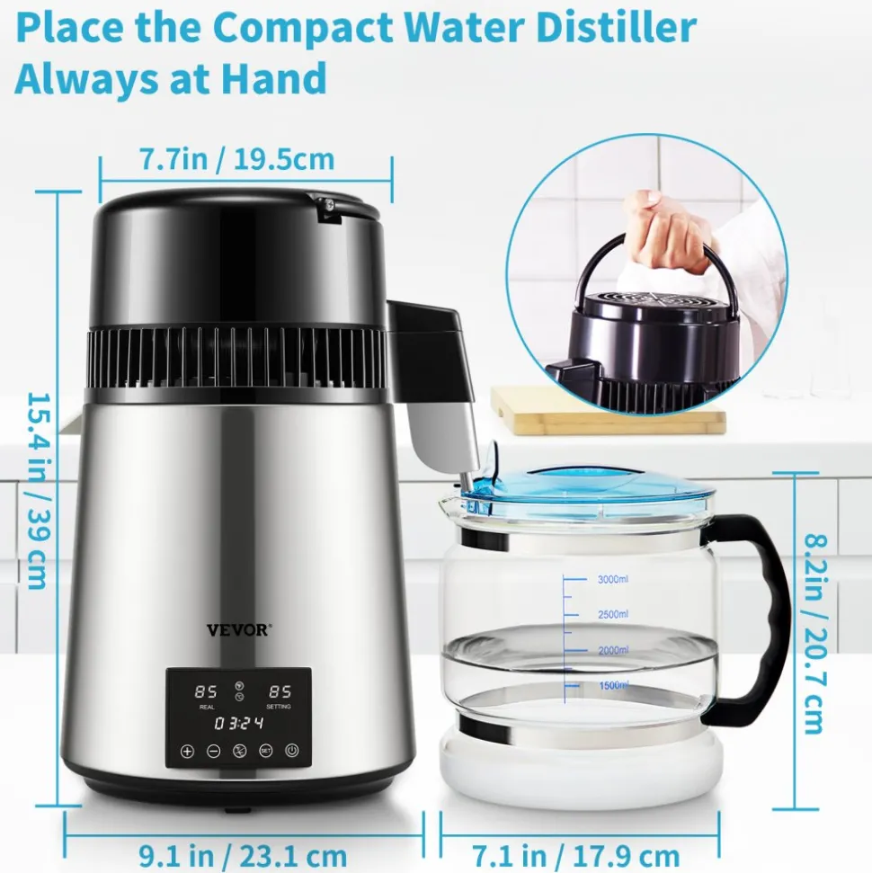 VEVOR 1.1Gal Water Distiller, 0.3Gal/H, 750W Distilled Water Maker Machine 0-99H Timing Dual Temp Display, 304 Stainless Steel Countertop Distiller Glass Carafe Cleaning Powder 3 Carbon Packs, Silver