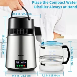 VEVOR 1.1 Gal Water Distiller, 0.3 Gal/H, 750W Distilled Water Maker Machine 0-99H Timing Set Temp Display, 304 Stainless Steel Countertop Distiller Glass Carafe Cleaning Powder 3 Carbon Packs, Silver