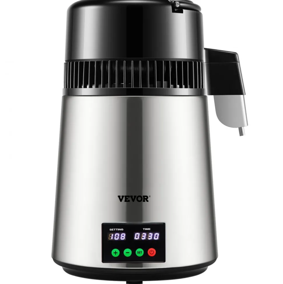 VEVOR 1.1Gal Water Distiller, 0.4Gal/H, Distilled Water Maker Machine 1750W 0-99H Timing Dual Temp Display, 304 Stainless Steel Countertop Distiller Glass Carafe Cleaning Powder 3 Carbon Packs, Silver