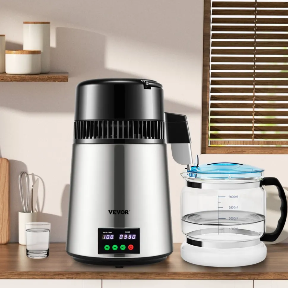 VEVOR 1.1Gal Water Distiller, 0.4Gal/H, Distilled Water Maker Machine 1750W 0-99H Timing Dual Temp Display, 304 Stainless Steel Countertop Distiller Glass Carafe Cleaning Powder 3 Carbon Packs, Silver