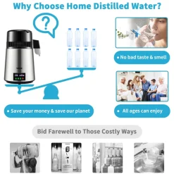 VEVOR 1.1Gal Water Distiller, 0.4Gal/H, Distilled Water Maker Machine 1750W 0-99H Timing Dual Temp Display, 304 Stainless Steel Countertop Distiller Glass Carafe Cleaning Powder 3 Carbon Packs, Silver