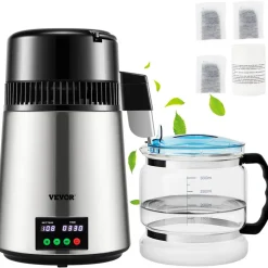 VEVOR 1.1Gal Water Distiller, 0.4Gal/H, Distilled Water Maker Machine 1750W 0-99H Timing Dual Temp Display, 304 Stainless Steel Countertop Distiller Glass Carafe Cleaning Powder 3 Carbon Packs, Silver
