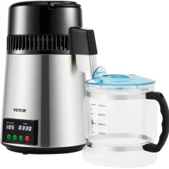 VEVOR 1.1Gal Water Distiller, 0.4Gal/H, Distilled Water Maker Machine 1750W 0-99H Timing Dual Temp Display, 304 Stainless Steel Countertop Distiller Glass Carafe Cleaning Powder 3 Carbon Packs, Silver
