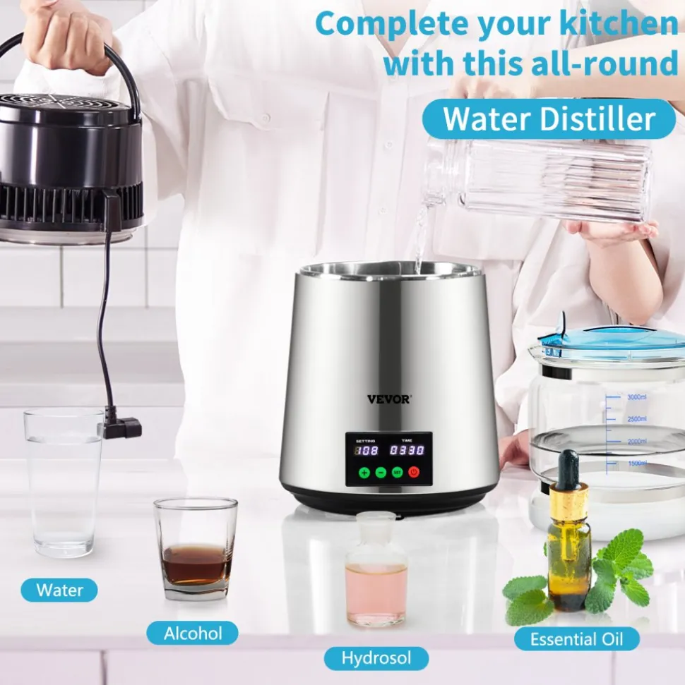VEVOR 1.1Gal Water Distiller, 0.4Gal/H, Distilled Water Maker Machine 1750W 0-99H Timing Dual Temp Display, 304 Stainless Steel Countertop Distiller Glass Carafe Cleaning Powder 3 Carbon Packs, Silver