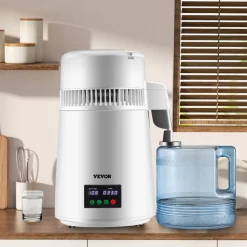 VEVOR 1.1Gal Water Distiller, 0.3Gal/H, 750W Distilled Water Maker Machine 0-99H Timing Dual Temp Display, 304 Stainless Steel Countertop Distiller Glass Carafe Cleaning Powder 3 Carbon Packs, Red