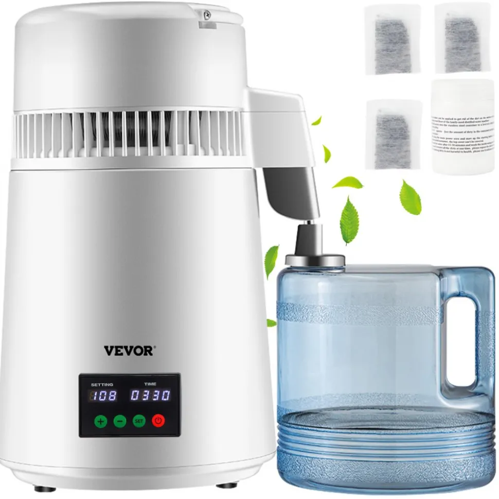 VEVOR 1.1Gal Water Distiller, 0.3Gal/H, 750W Distilled Water Maker Machine 0-99H Timing Dual Temp Display, 304 Stainless Steel Countertop Distiller Glass Carafe Cleaning Powder 3 Carbon Packs, Red