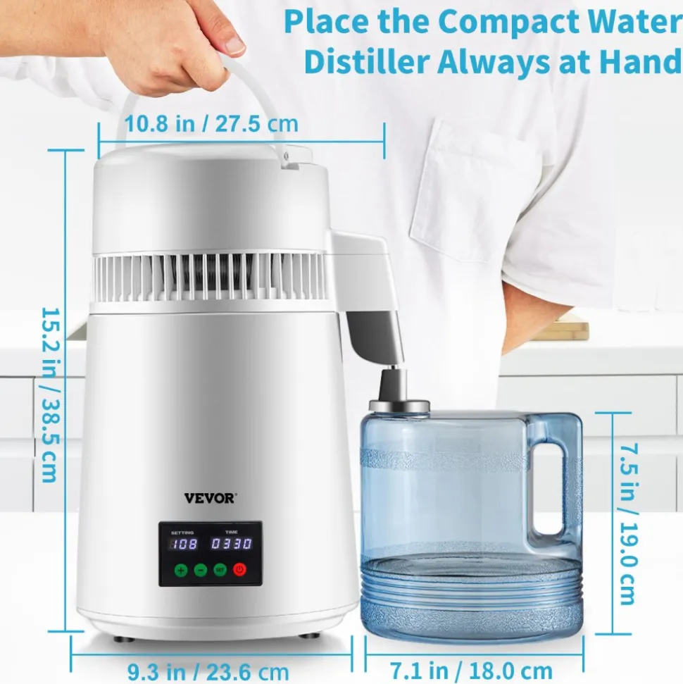 VEVOR 1.1Gal Water Distiller, 0.3Gal/H, 750W Distilled Water Maker Machine 0-99H Timing Dual Temp Display, 304 Stainless Steel Countertop Distiller Glass Carafe Cleaning Powder 3 Carbon Packs, Red