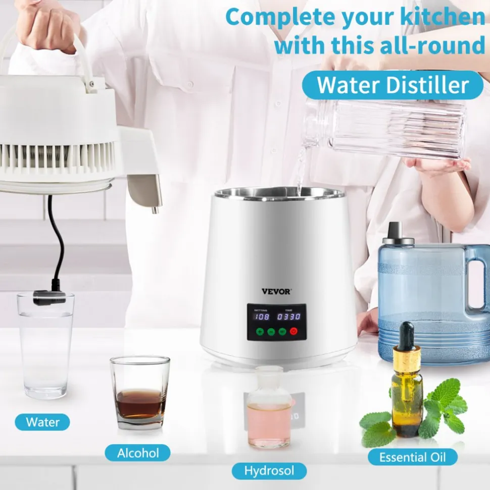 VEVOR 1.1Gal Water Distiller, 0.3Gal/H, 750W Distilled Water Maker Machine 0-99H Timing Dual Temp Display, 304 Stainless Steel Countertop Distiller Glass Carafe Cleaning Powder 3 Carbon Packs, Red
