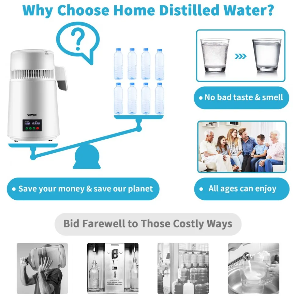 VEVOR 1.1Gal Water Distiller, 0.3Gal/H, 750W Distilled Water Maker Machine 0-99H Timing Dual Temp Display, 304 Stainless Steel Countertop Distiller Glass Carafe Cleaning Powder 3 Carbon Packs, Red