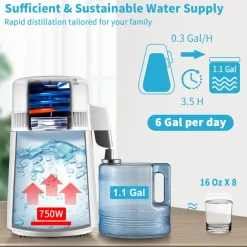 VEVOR 1.1Gal Water Distiller, 0.3Gal/H, 750W Distilled Water Maker Machine 0-99H Timing Dual Temp Display, 304 Stainless Steel Countertop Distiller Glass Carafe Cleaning Powder 3 Carbon Packs, Red