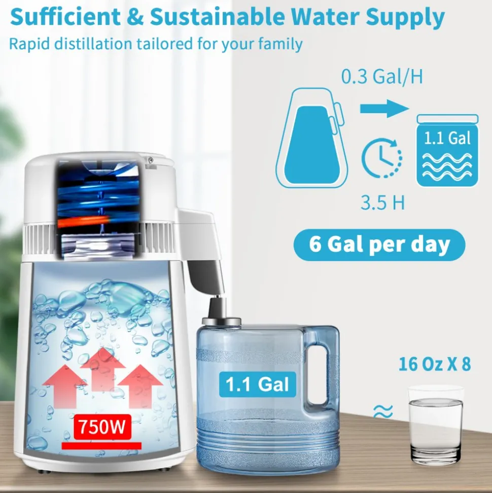 VEVOR 1.1Gal Water Distiller, 0.3Gal/H, 750W Distilled Water Maker Machine 0-99H Timing Dual Temp Display, 304 Stainless Steel Countertop Distiller Glass Carafe Cleaning Powder 3 Carbon Packs, Red