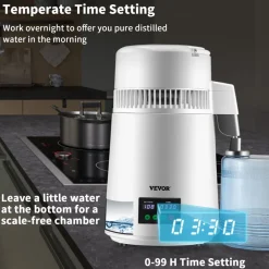 VEVOR 1.1Gal Water Distiller, 0.3Gal/H, 750W Distilled Water Maker Machine 0-99H Timing Dual Temp Display, 304 Stainless Steel Countertop Distiller Glass Carafe Cleaning Powder 3 Carbon Packs, Red