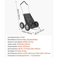 VEVOR Game Carts for Hunting, 500LBS Deer Cart Game Hauler, Heavy-Duty Crawler Cart, All-Terrain Folding Deer Hauling Cart with Shock-Absorbing Tires, Utility Gear Dolly for Hunting Fishing Hiking