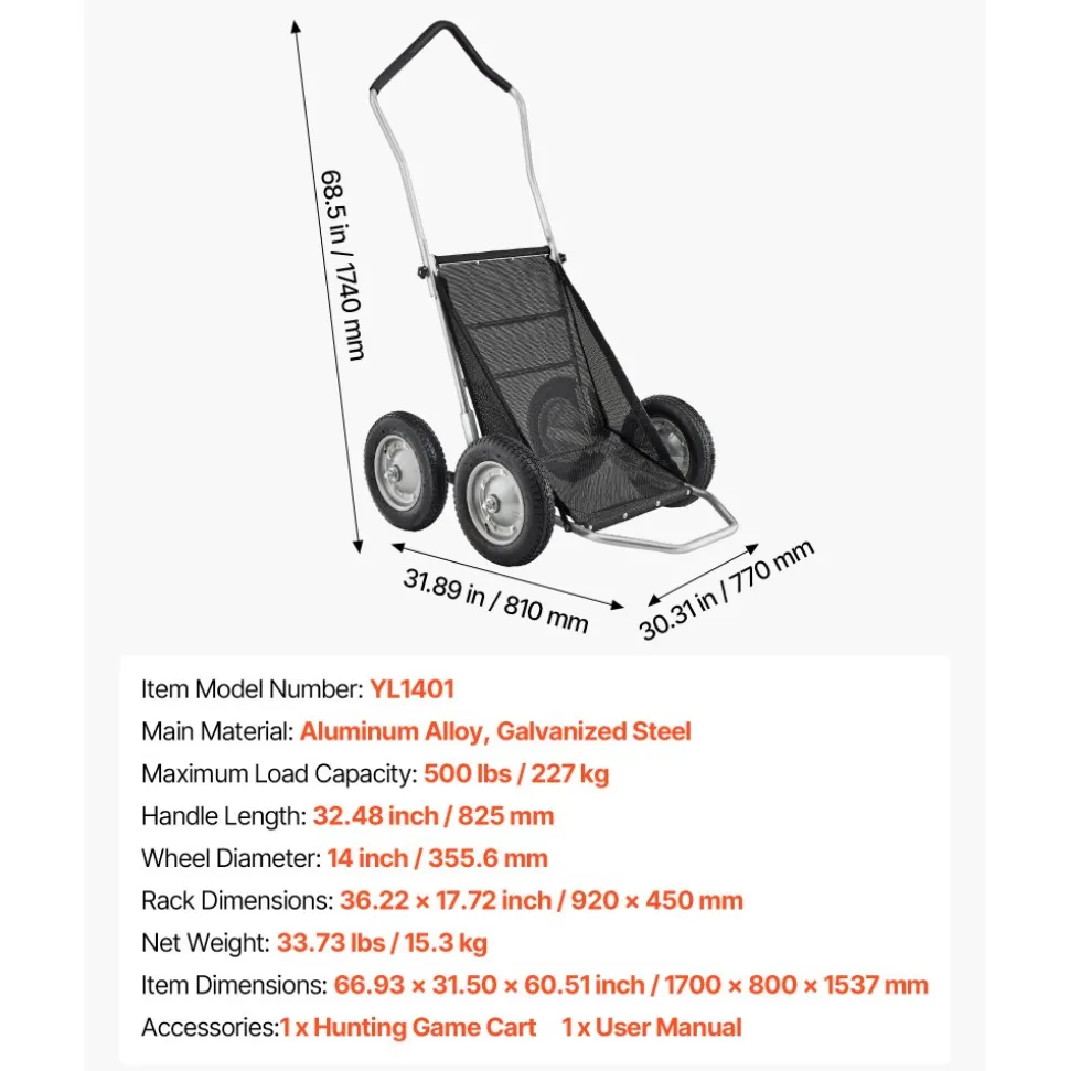 VEVOR Game Carts for Hunting, 500LBS Deer Cart Game Hauler, Heavy-Duty Crawler Cart, All-Terrain Folding Deer Hauling Cart with Shock-Absorbing Tires, Utility Gear Dolly for Hunting Fishing Hiking