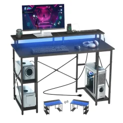 VEVOR 47" Gaming Desk with LED Lights & Power Outlets, Computer Desk with Monitor Stand & 2-Tier Storage Sheves,  Study Work for Home Office, Black
