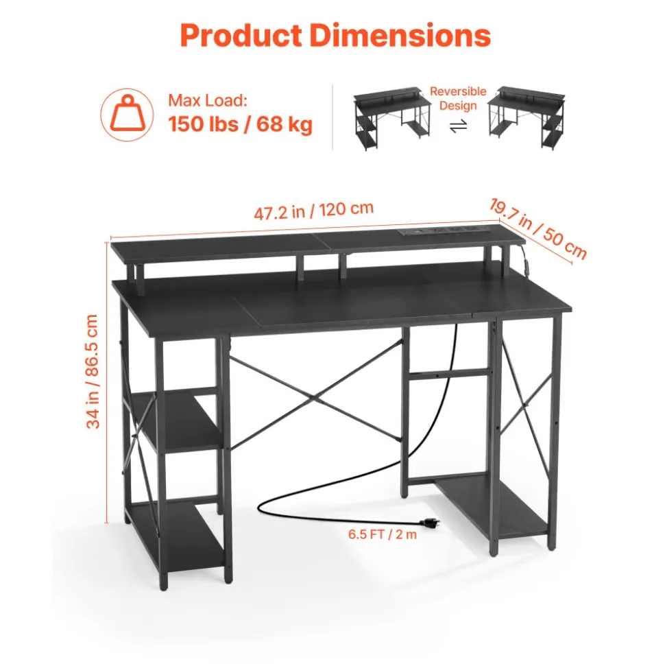 VEVOR 47" Gaming Desk with LED Lights & Power Outlets, Computer Desk with Monitor Stand & 2-Tier Storage Sheves, Study Work for Home Office, Black