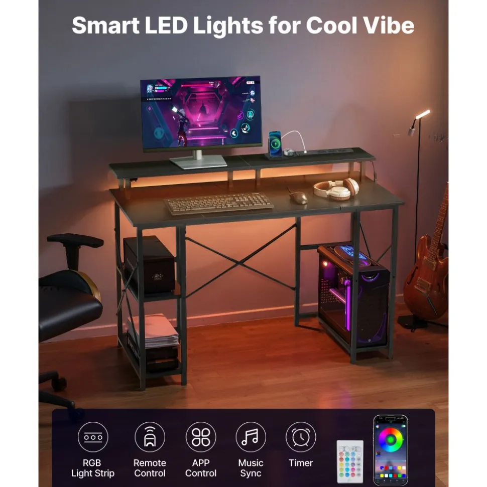 VEVOR 47" Gaming Desk with LED Lights & Power Outlets, Computer Desk with Monitor Stand & 2-Tier Storage Sheves, Study Work for Home Office, Black