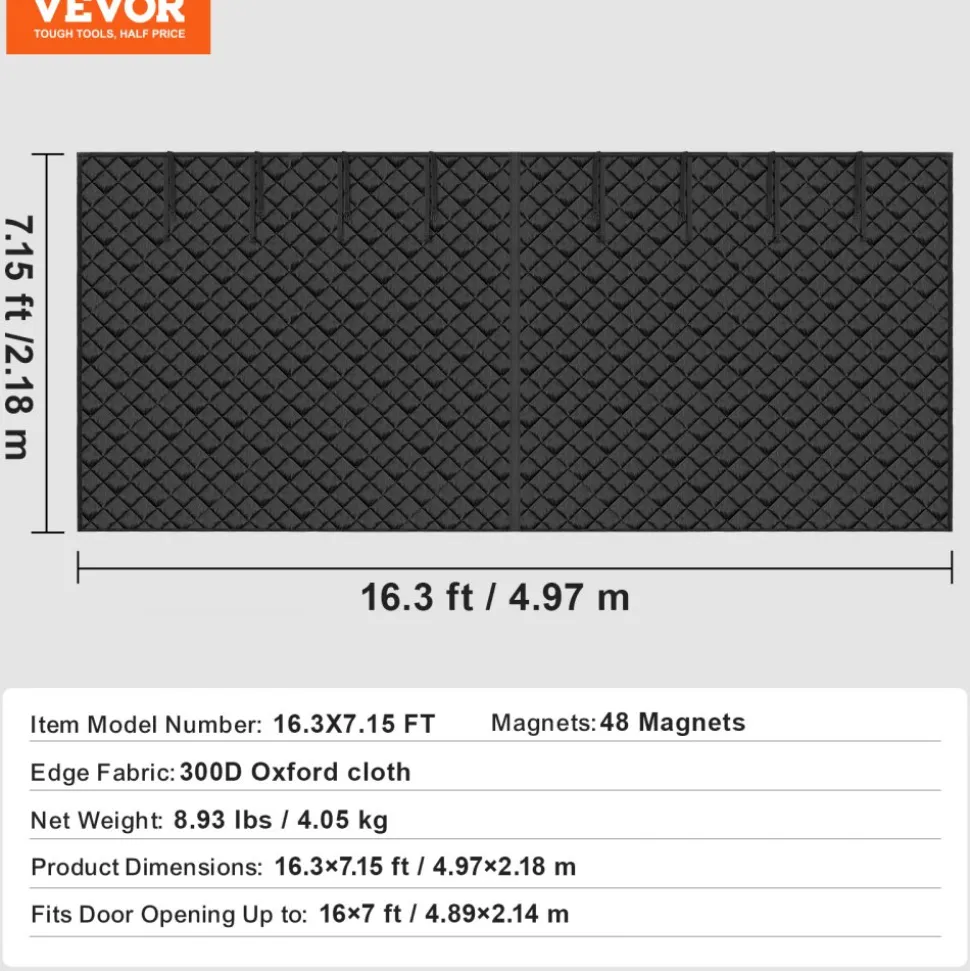 VEVOR Garage Door Screen for Winter, 16x7FT, Garage Door Insulation Kit, Magnetic Thermal Insulated Door Curtain with 300D Oxford Fabric Heavy Duty Weighted Bottom, Easy Assembly for Garage Door