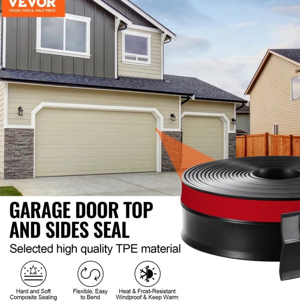 VEVOR Garage Door Seal Top and Sides Seal Strip, 20 FT Universal Weather Stripping Replacement Soft and Hard Composite, Weatherproofing Garage Door TPE Seals with Adhesive Backed and Screws, Black