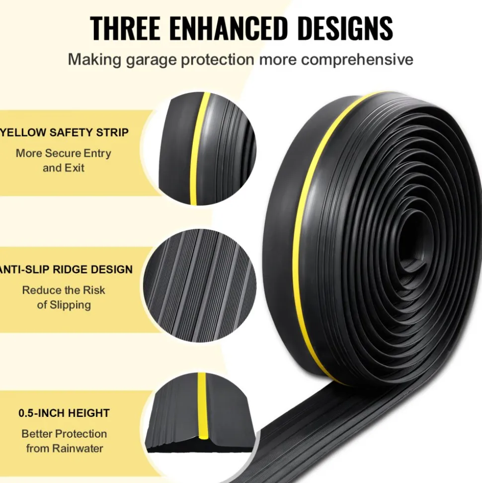 VEVOR Garage Door Threshold Seal Strip, 20 FT Universal Garage Door Floor Seal Strip with Adhesive, Garage Door Bottom Weatherproof Strip, Upgraded Thick PVC DIY Weather Stripping Replacement, Black