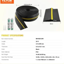 VEVOR Garage Door Threshold Seal Strip, 20 FT Universal Garage Door Floor Seal Strip with Adhesive, Garage Door Bottom Weatherproof Strip, Upgraded Thick PVC DIY Weather Stripping Replacement, Black