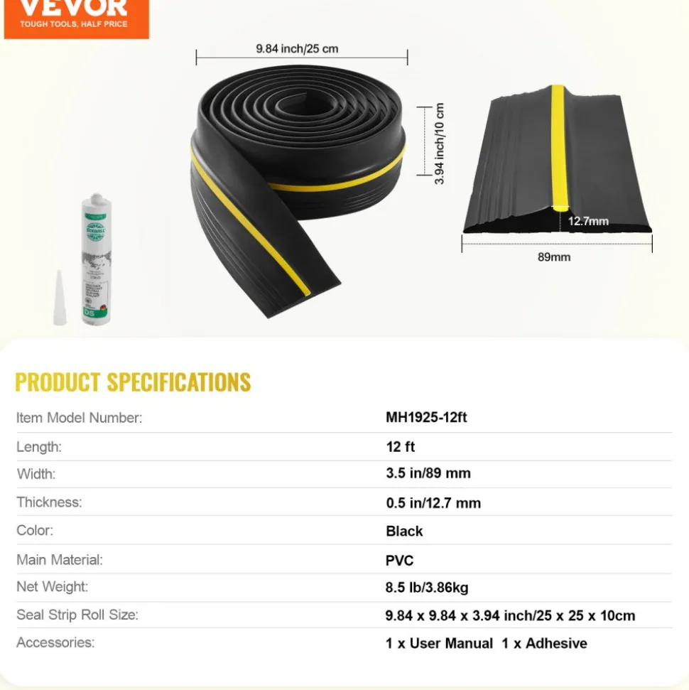VEVOR Garage Door Threshold Seal Strip, 16.5 FT Universal Garage Door Floor Seal Strip with Adhesive, Garage Door Bottom Weatherproof Strip, Upgraded Thick PVC DIY Weather Stripping Replacement, Black