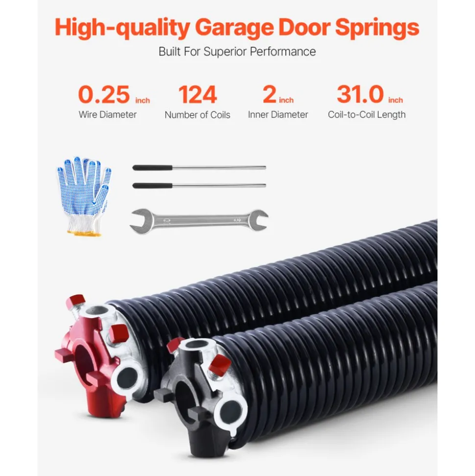 VEVOR Garage Door Torsion Springs, Pair of 0.25 x 2 x 31 in, 16000 Cycles, Electrophoresis Black Coated for Replacement, Garage Door Springs with Non-Slip Winding Bars, Gloves and Mounting Wrench