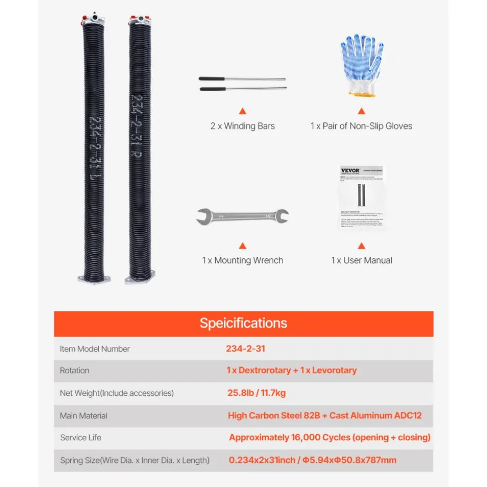 VEVOR Garage Door Torsion Springs, Pair of 0.25 x 2 x 32 in, 16000 Cycles, Electrophoresis Black Coated for Replacement, Garage Door Springs with Non-Slip Winding Bars, Gloves and Mounting Wrench
