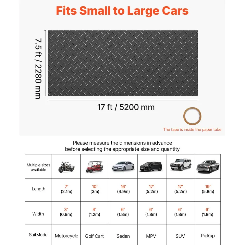 VEVOR Garage Floor Roll, 7.5 x 17 ft Garage Flooring Mat, 2.2 mm Thickened PVC Diamond Plate Floor Protector Mat with Double-sided Tape, Non-Slip, Easy to Clean for Warehouse, Gyms, Trailer, Black
