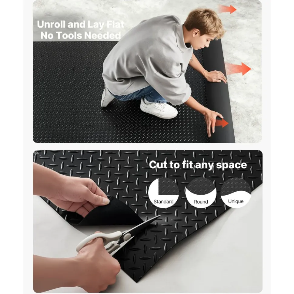 VEVOR Garage Floor Roll, 4 x 25 ft Garage Flooring Mat, 3 mm Thickened Rubber Diamond Plate Floor Protector Mat, Non-Slip, Wear-resist, Waterproof, Easy to Clean for Warehouse, Gyms,Trailer, Black