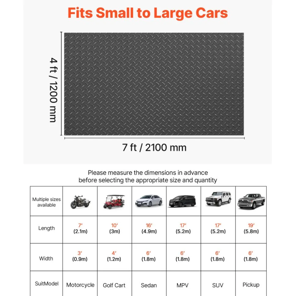 VEVOR Garage Floor Roll, 4 x 7 ft Garage Flooring Mat, 2.2 mm Thickened PVC Diamond Plate Floor Protector Mat with Double-sided Tape, Non-Slip, Easy to Clean for Warehouse, Gyms, Trailer, Black