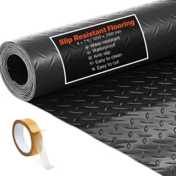 VEVOR Garage Floor Roll, 4 x 7 ft Garage Flooring Mat, 2.2 mm Thickened PVC Diamond Plate Floor Protector Mat with Double-sided Tape, Non-Slip, Easy to Clean for Warehouse, Gyms, Trailer, Black