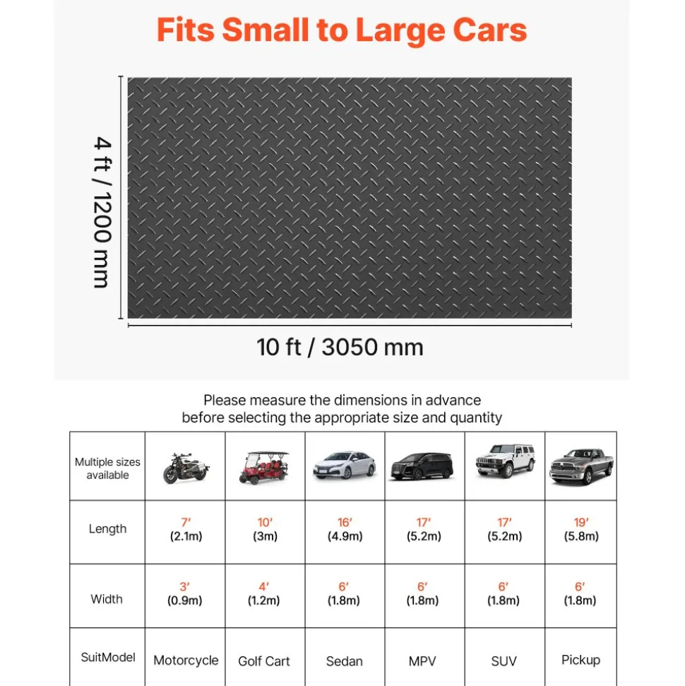 VEVOR Garage Floor Roll, 4 x 10 ft Garage Flooring Mat, 2.2 mm Thickened PVC Diamond Plate Floor Protector Mat with Double-sided Tape, Non-Slip, Easy to Clean for Warehouse, Gyms, Trailer, Black