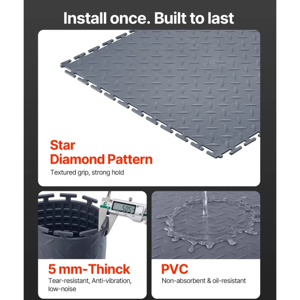 VEVOR Garage Floor Tiles Interlocking, 16 Pack 20.2 x 20.2 x 0.2 in Interlocking Modular Garage Flooring Tiles, Diamond Plate Slip-Resistant PVC Mats for Workshop,Warehouse,Tool Room, Graphite Gray