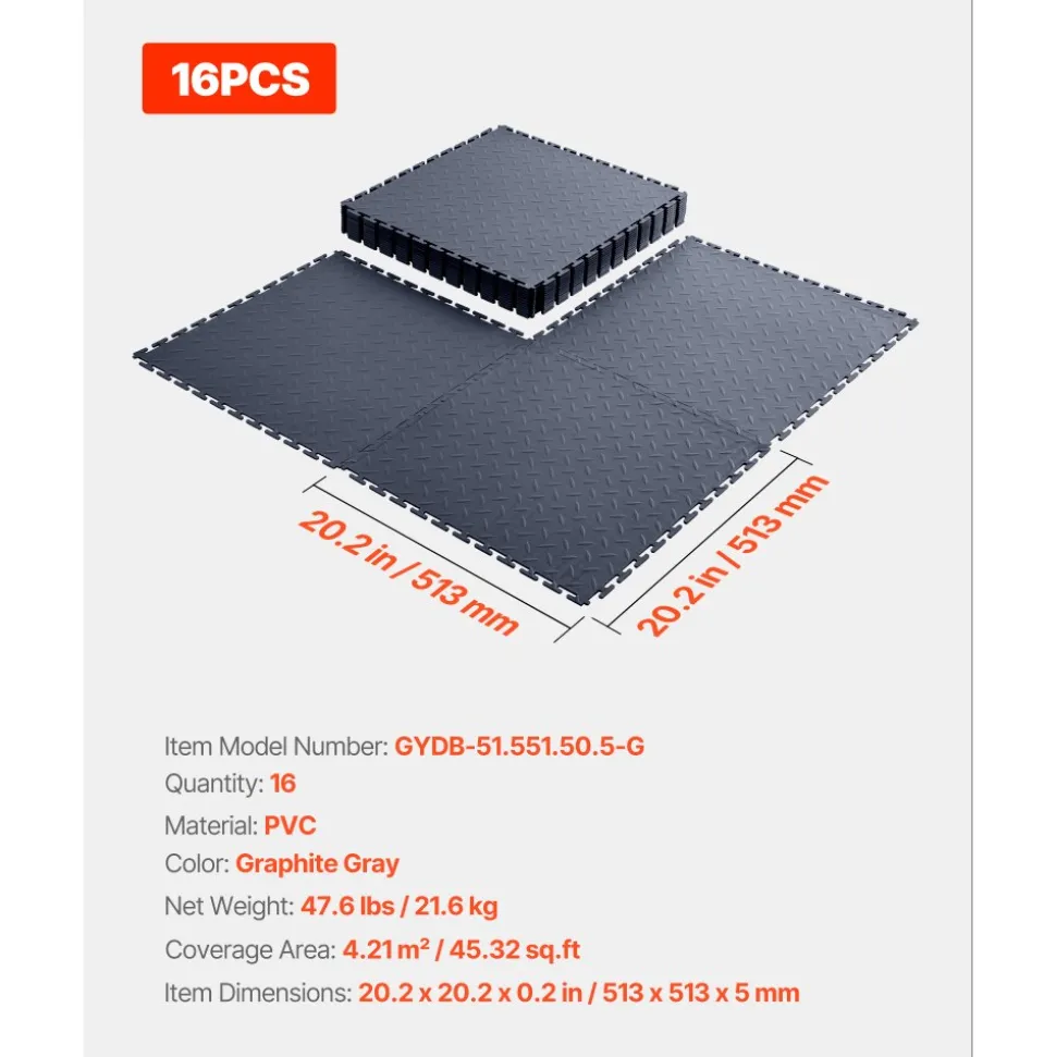 VEVOR Garage Floor Tiles Interlocking, 16 Pack 20.2 x 20.2 x 0.2 in Interlocking Modular Garage Flooring Tiles, Diamond Plate Slip-Resistant PVC Mats for Workshop,Warehouse,Tool Room, Graphite Gray