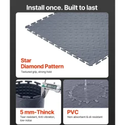 VEVOR Garage Floor Tiles Interlocking, 8 Pack 20.2 x 20.2 x 0.2 in Interlocking Modular Garage Flooring Tiles, Diamond Plate Slip-Resistant PVC Mats for Workshop,Warehouse,Tool Room, Graphite Gray