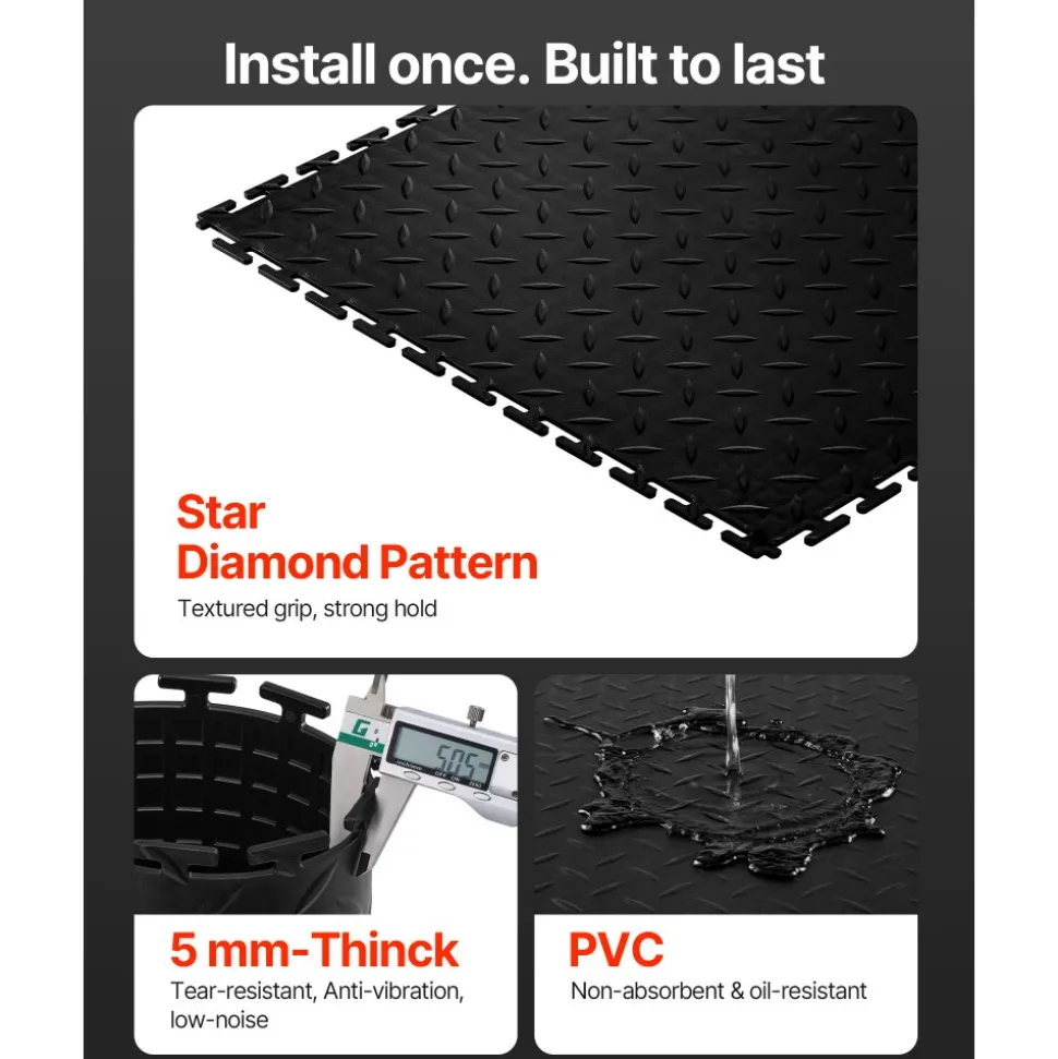 VEVOR Garage Floor Tiles Interlocking, 8 Pack 20.2 x 20.2 x 0.2 in Interlocking Modular Garage Flooring Tiles, Diamond Plate Slip-Resistant PVC Mats for Workshop,Warehouse,Tool Room, Black