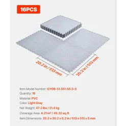 VEVOR Garage Floor Tiles Interlocking, 16 Pack 20.2 x 20.2 x 0.2 in Interlocking Modular Garage Flooring Tiles, Diamond Plate Slip-Resistant PVC Mats for Workshop,Warehouse,Tool Room, Light Gray