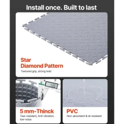VEVOR Garage Floor Tiles Interlocking, 16 Pack 20.2 x 20.2 x 0.2 in Interlocking Modular Garage Flooring Tiles, Diamond Plate Slip-Resistant PVC Mats for Workshop,Warehouse,Tool Room, Light Gray