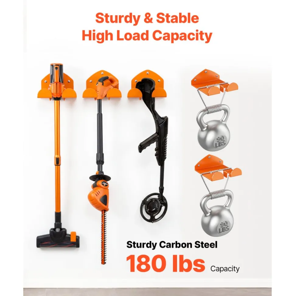 VEVOR Garage Organizer Trimmer Rack 5.9 Inch 2 Pack 180 lbs Total Load, Wall Mount Garden Power Tool Hanger Weed Whackers Holder for Grass/Hedge Trimmer, Leaf Blower, Chainsaw, Garden Tools, Orange