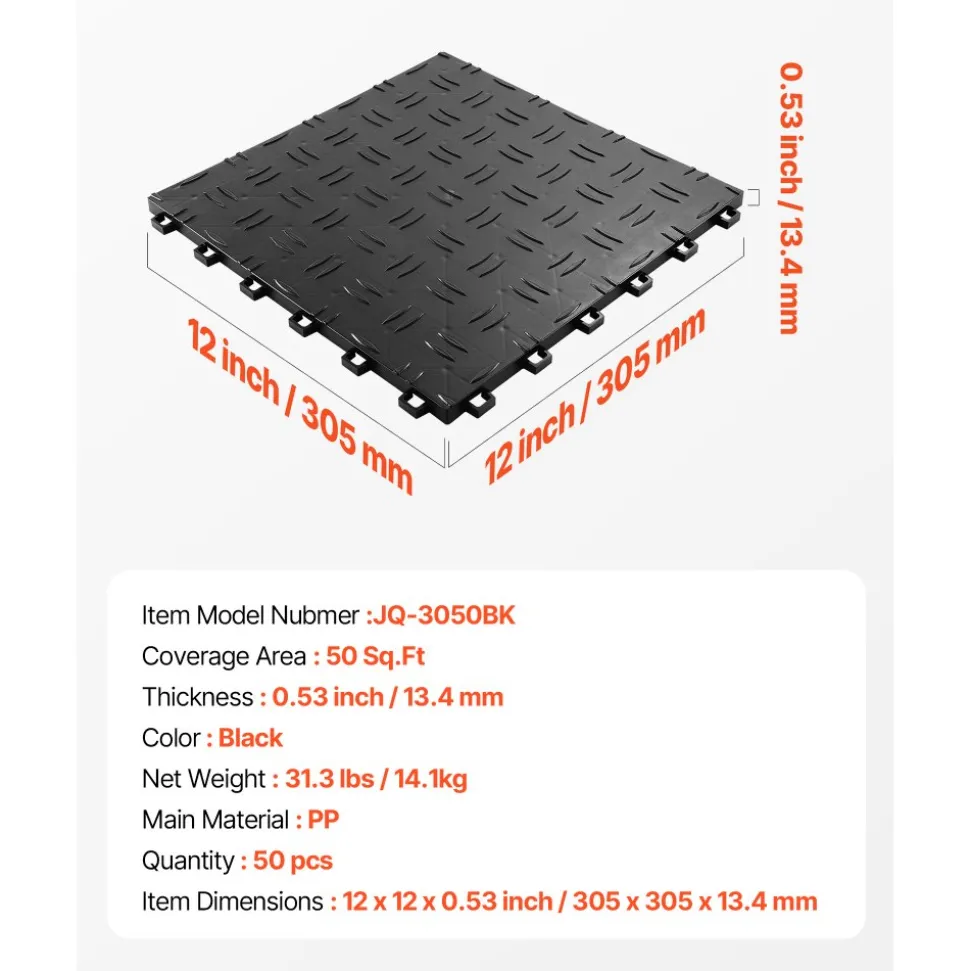 VEVOR Garage Tiles Interlocking, 12 x 12 x 0.53 inch 50 Pack Garage Floor Covering Tiles, Non-Slip Double-Sided Texture Garage Flooring Tiles, for Garages, Basements, Repair Shops, Black