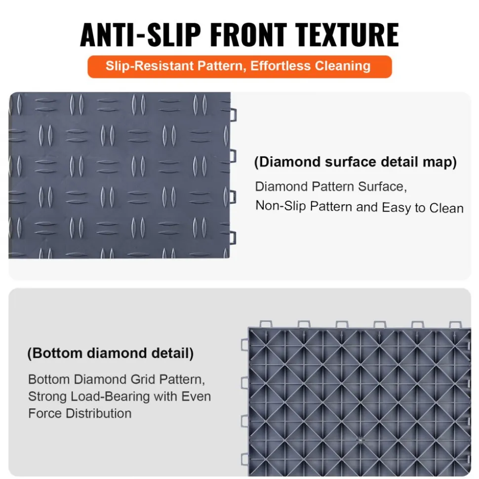 VEVOR Garage Tiles Interlocking, 12 x 12 x 0.53 inch 50 Pack Garage Floor Covering Tiles, Non-Slip Double-Sided Texture Garage Flooring Tiles, for Garages, Basements, Repair Shops, Graphite Gray